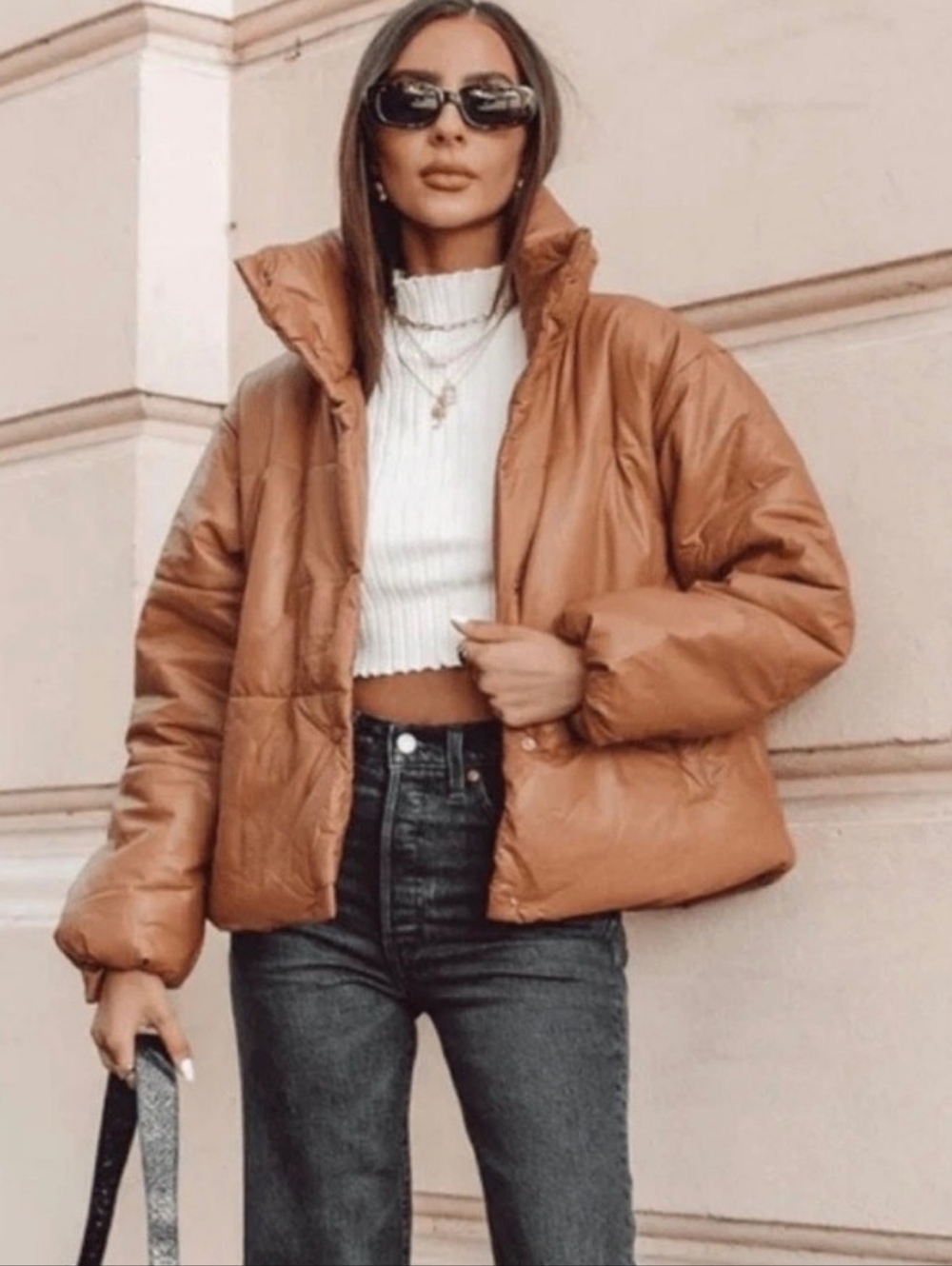 Lioness Small Talk Faux Leather Vegan Tan Puffer Jacket Size XXL